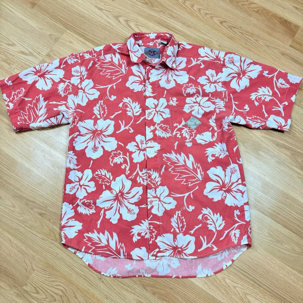 Vintage 90s Bugle Boy Hawaiian Shirt Mens Size M Orange Aloha Tropical Beach
